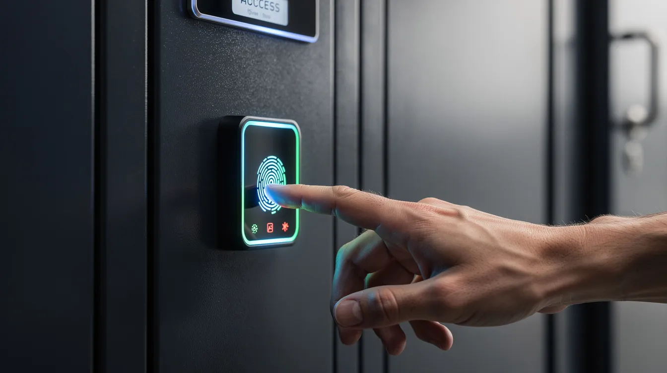 A person is using a fingerprint scanner for biometric authentication on a secure storage unit, part of a smart locker system designed for corporate offices. This access control system enhances security for personal belongings and high-value assets through advanced smart locker technology.