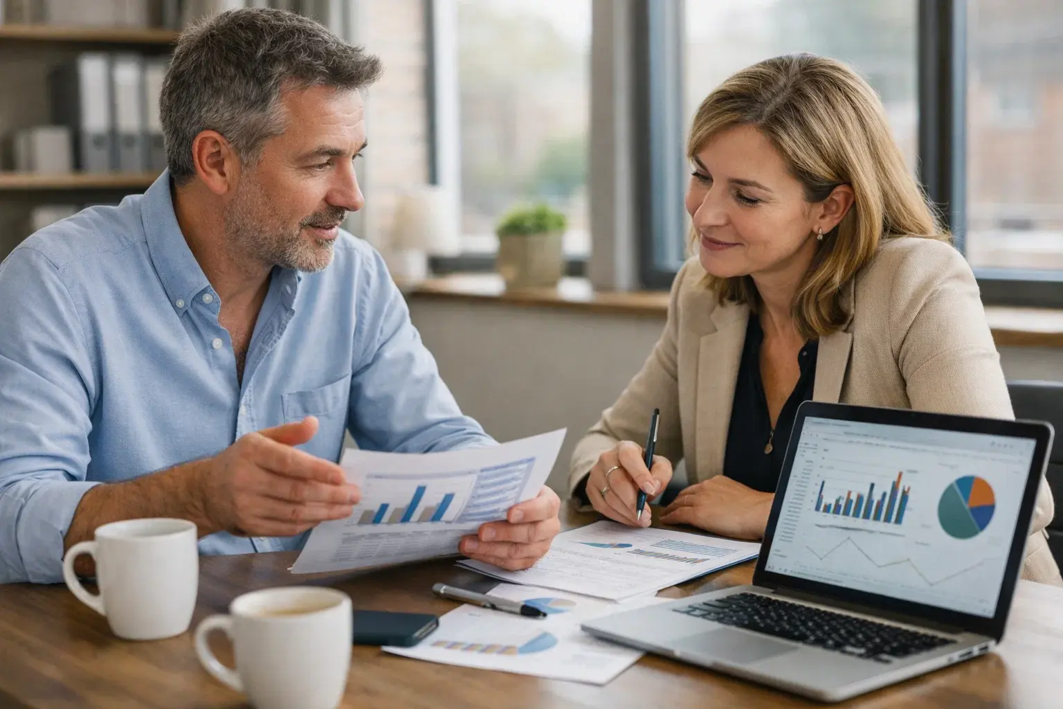 Business owners discussing financial reports and the benefits of voluntary audit in a UK office