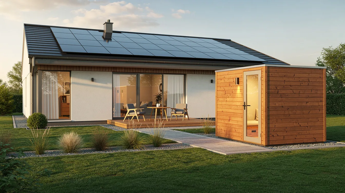 The image depicts a modern residential rooftop equipped with solar panels, providing energy efficiency for the home. In the backyard, a stylish wooden sauna cabin offers a relaxing sauna experience, showcasing the integration of solar power and sustainable living.