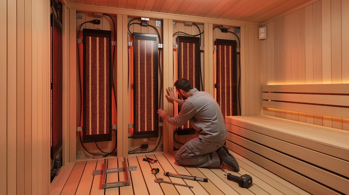 The image depicts the installation of infrared emitters for a portable sauna, showcasing a compact sauna tent designed for easy setup. This setup emphasizes the benefits of infrared heat therapy, promoting relaxation and overall well-being in a home wellness routine.