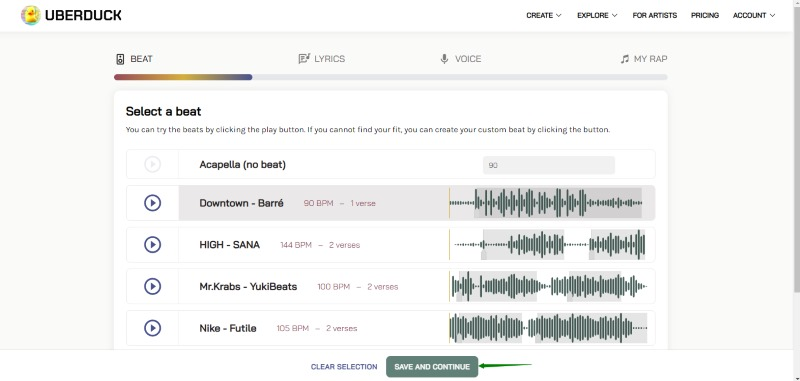 screenshot of uberduck ai beat selecting