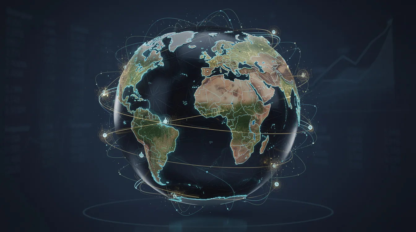 The image depicts a globe surrounded by interconnected lines and nodes, symbolizing the global financial networks that link financial institutions, wealth management firms, and asset managers. This representation highlights the importance of sophisticated wealth management tools and digital wealth solutions in the wealth management industry.
