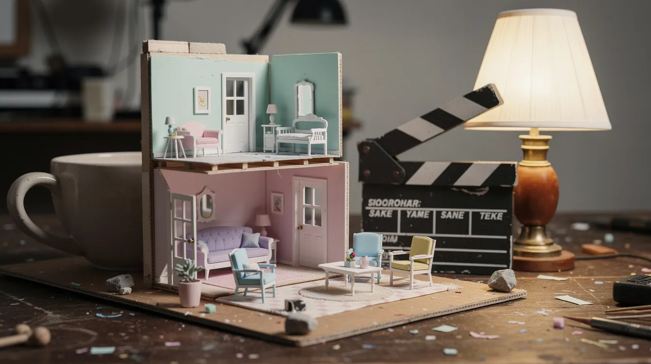 Die Nahaufnahme zeigt ein handgefertigtes Miniatur-Filmset mit pastellfarbenen Möbeln und überdimensionierten Requisiten, das eine offene Hausfassade präsentiert. Diese kreative Darstellung erinnert an die bunte und fantasievolle Welt von Barbie, die in Greta Gerwigs Film eine zentrale Rolle spielt.