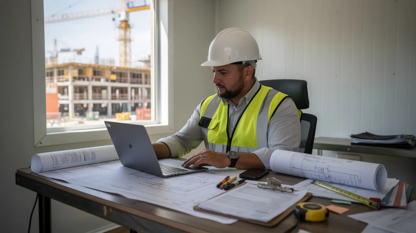 A construction project manager is seated at a desk in a jobsite trailer, carefully reviewing paperwork and a laptop, ensuring compliance with prevailing wage laws and labor regulations for public works projects. The scene highlights the importance of submitting certified payroll records and maintaining accurate payroll documentation to avoid non-compliance issues.