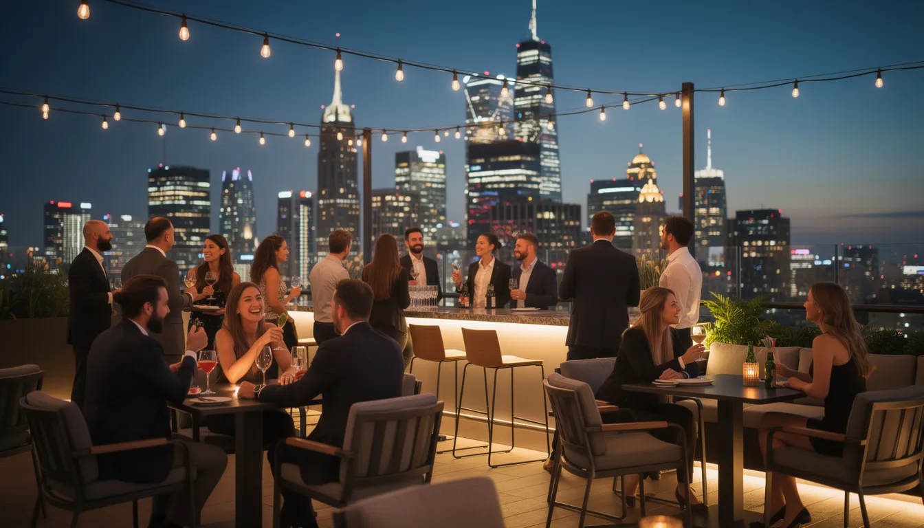 The image depicts a lively rooftop bar in Miami, illuminated by vibrant city lights, where a group of professionals and friends are gathered, holding drinks and engaging in meaningful conversations. This scene captures the essence of Miami networking events, where entrepreneurs and locals come together to connect and create new business opportunities.
