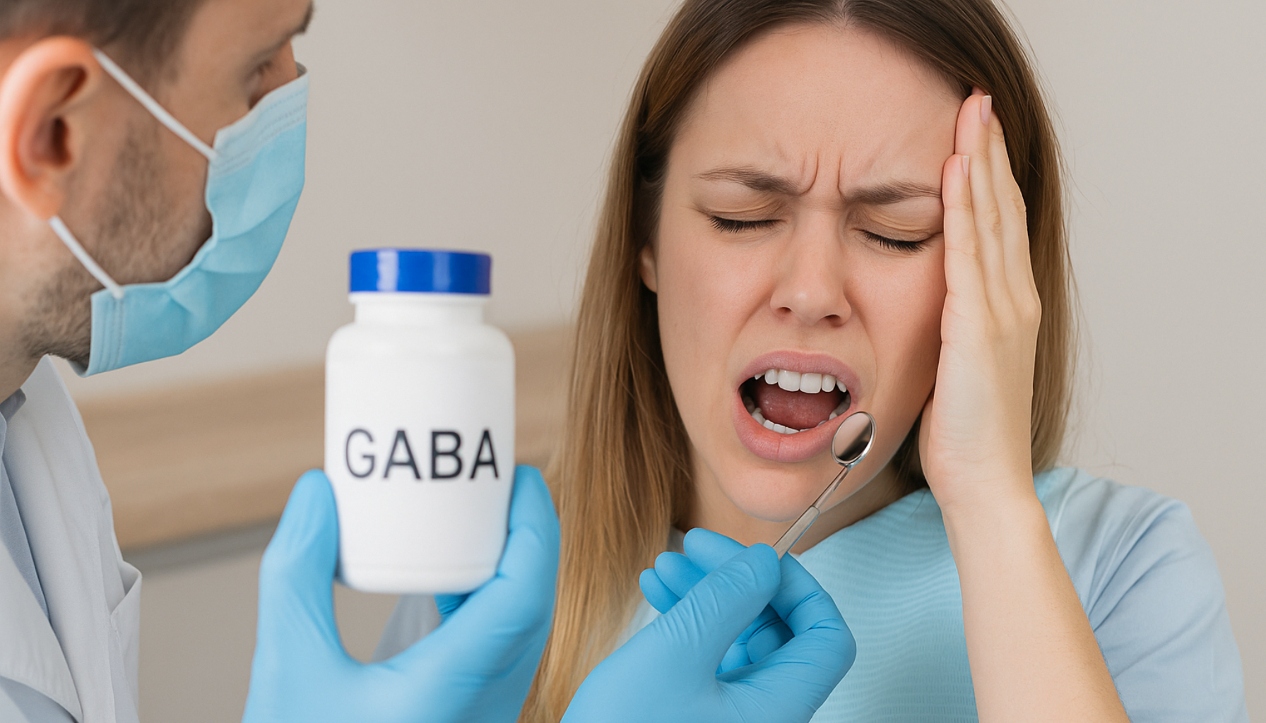 Kvinne hos tannlege viser smerte, mens tannlegen holder GABA-tilskudd under undersøkelse.