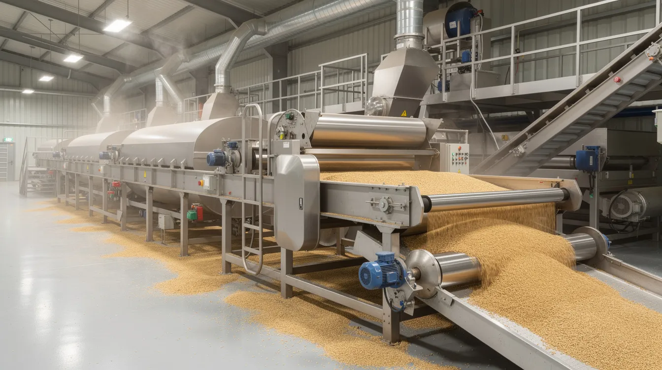 The image depicts an industrial wheat grain cleaning and milling equipment setup in a food processing factory, featuring steel rollers and conveyors that streamline the milling process for producing high-quality wheat flour. This facility is designed to fortify flour with essential nutrients like iron and folic acid, contributing to improved health outcomes in baked goods and other food products.