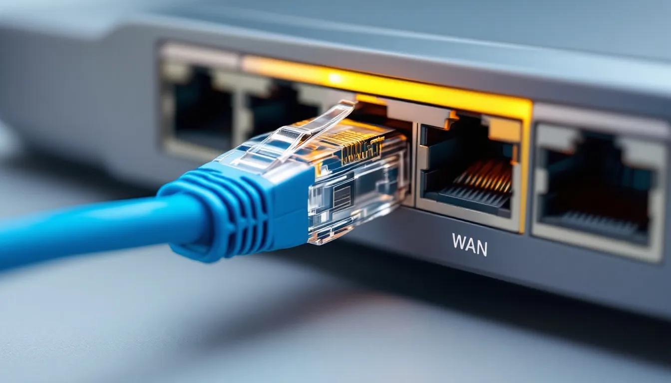 A close-up image shows an ethernet cable being plugged into the WAN port of a Verizon router, specifically the Fios Quantum Gateway model. This connection is an essential step in setting up Fios internet service for optimal network performance.