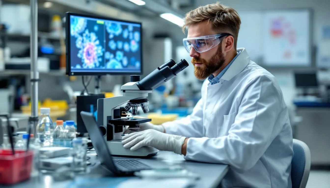 A laboratory scientist is intently examining samples under a microscope to identify pathogens, crucial for infection prevention and control in healthcare settings. This process is vital for monitoring adherence to infection control measures and ensuring the safety of healthcare providers and patients.