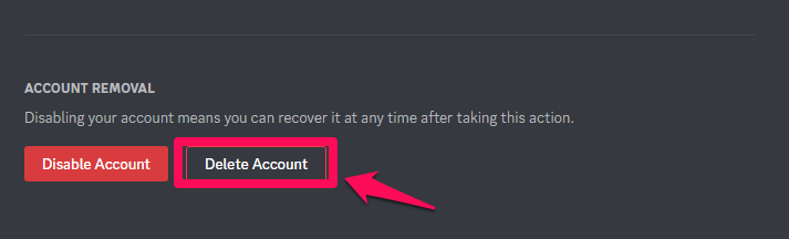 Image showing the Delete Account button to delete Discord account