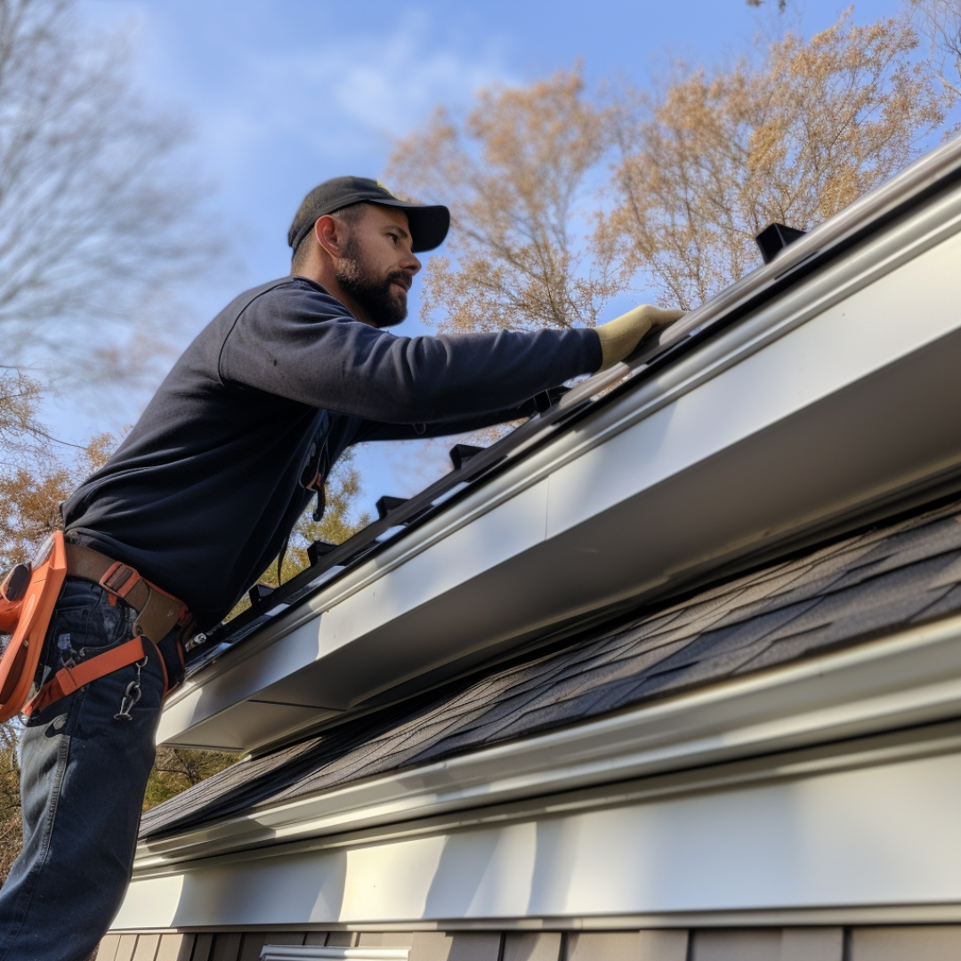 A picture of a professional installing different types of gutters on a house