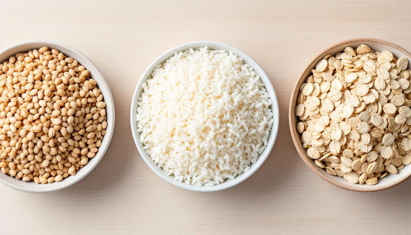 In this image, there are three separate bowls containing different grains: barley, rice, and oats, arranged side by side for comparison. Each bowl highlights the unique characteristics of these grains, which can be beneficial for a dog