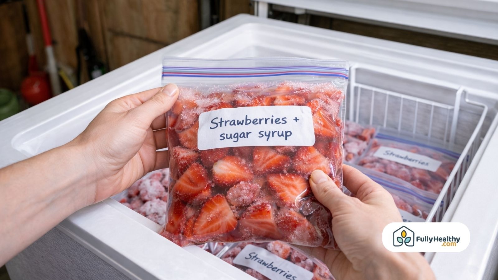 Hands holding frozen strawberries with sugar syrup in freezer bag