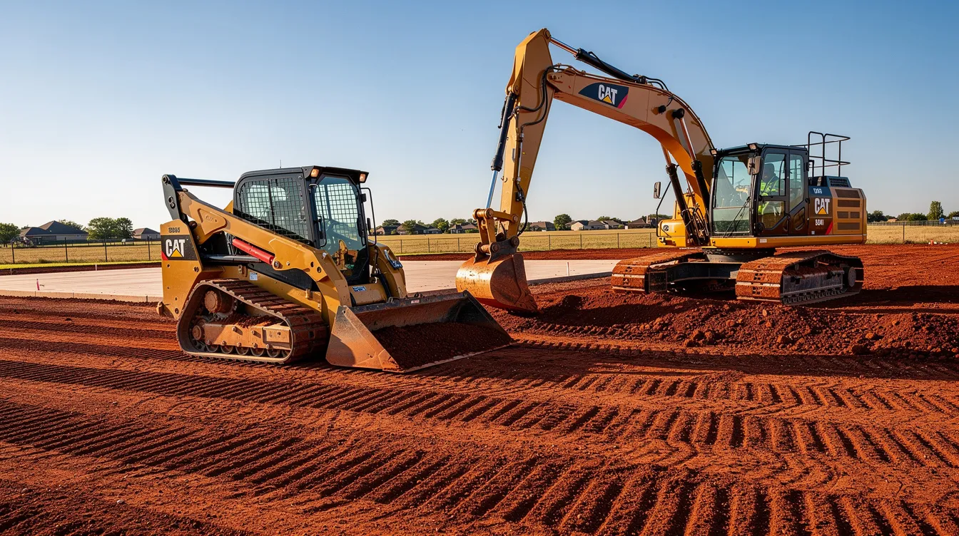 A modern yellow CAT excavator and a laser-guided skid steer are actively working on a clean residential building site in Oklahoma City, with clear blue skies above and Oklahoma's distinctive red earth being smoothly graded. The polished machinery reflects sunlight as it prepares the ground for construction, showcasing proper grading techniques essential for a solid foundation.