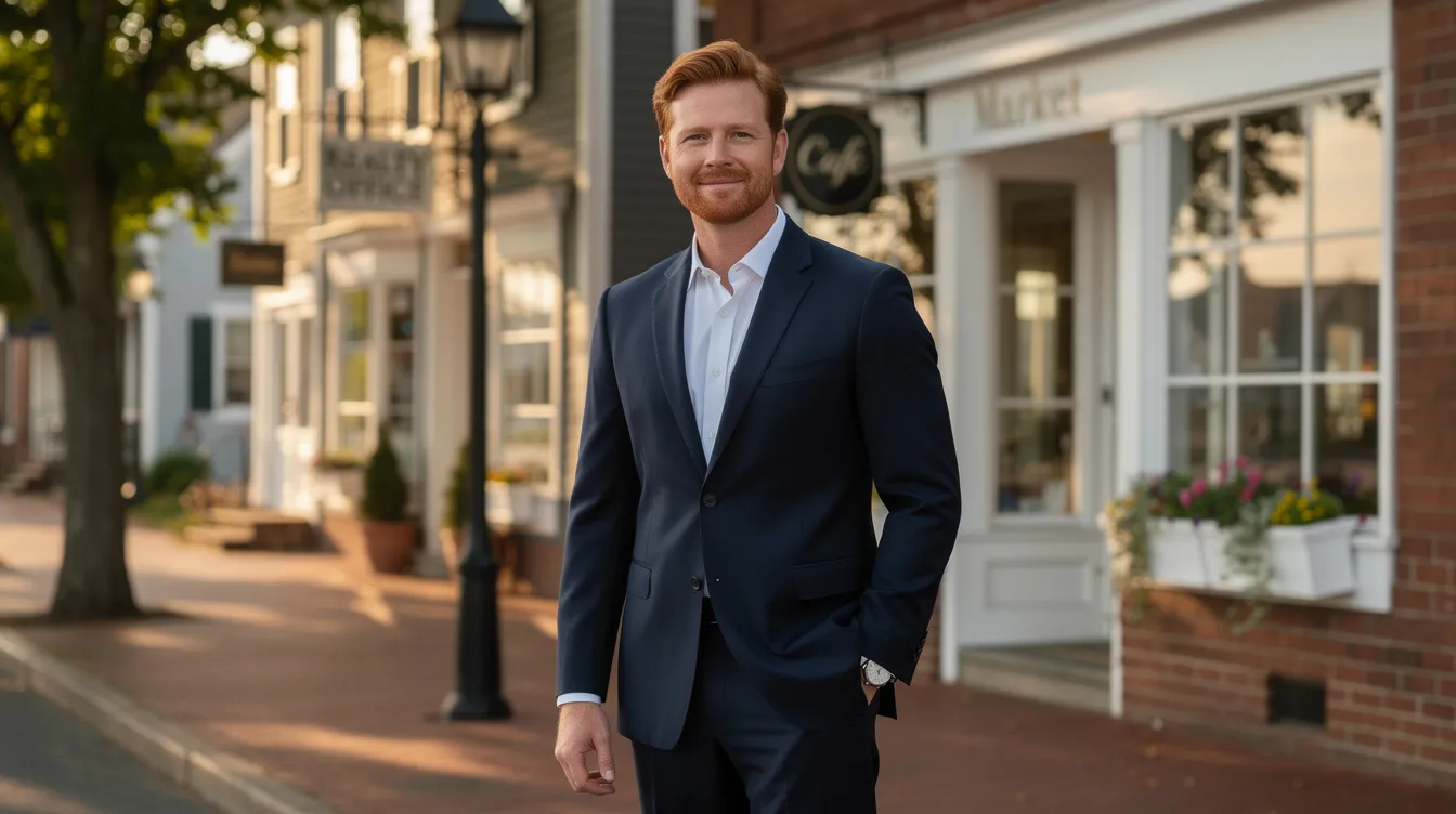A confident male real estate agent in a tailored dark suit stands in front of a picturesque New England coastal town street, showcasing historic storefronts and mature trees. His brownish-red hair and light scruff complement his professional appearance, highlighting his readiness to assist clients in their relocation to Connecticut.