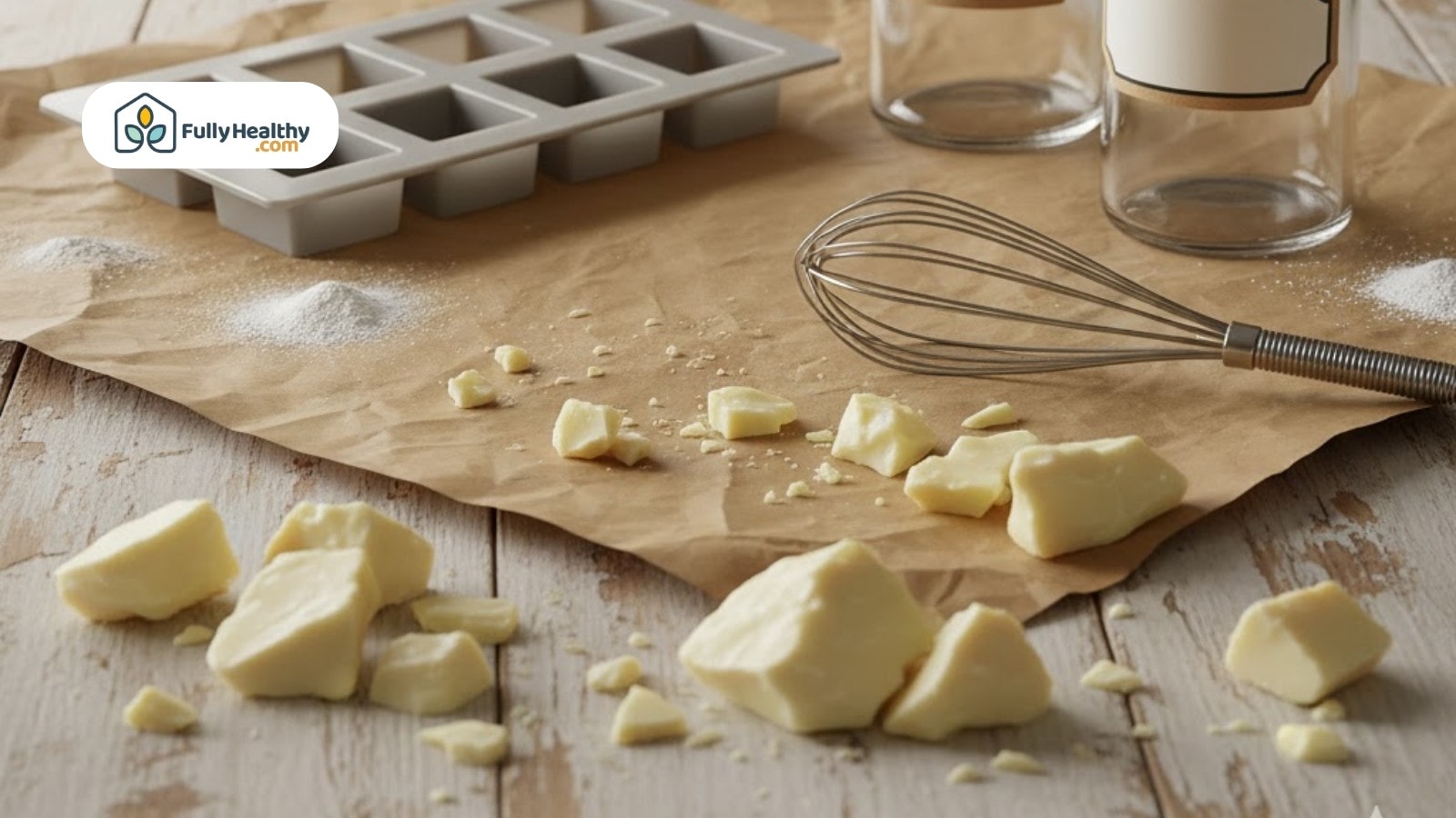 Chunks of cocoa butter with whisk mold and sugar on parchment paper