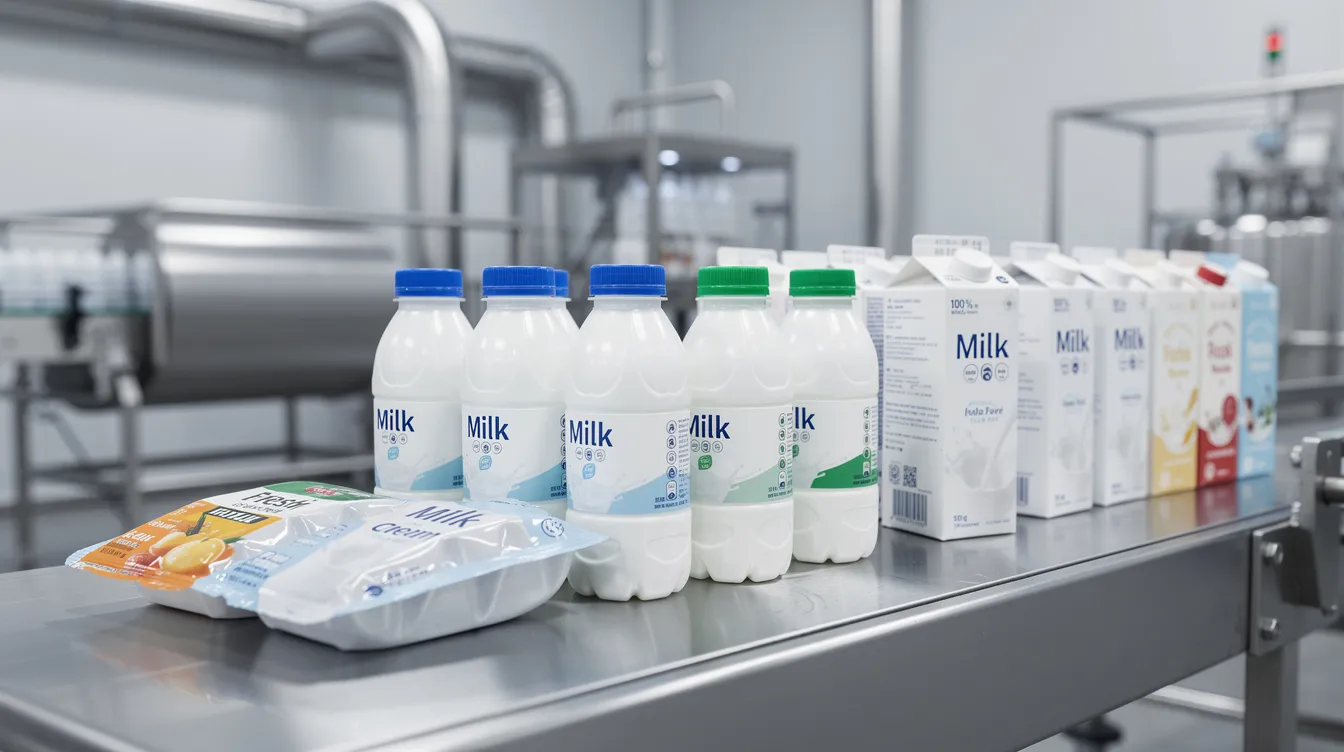 The image depicts various dairy product packaging formats, including PET bottles, pouches, and cartons, neatly arranged on a production conveyor within a milk processing plant. This scene highlights the manufacturing process and automation level involved in the production of dairy products, showcasing the importance of quality control and regulatory compliance in the industry.