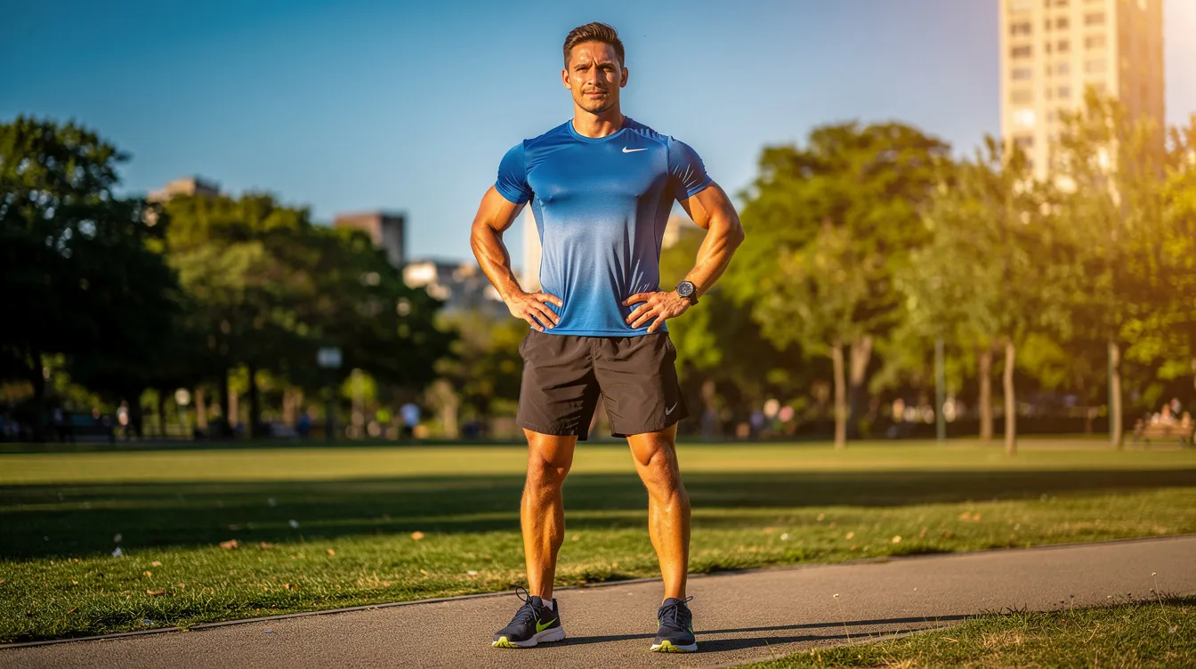 The image depicts a fit man standing outdoors on a sunny day, exuding confidence with a strong posture. His masculine chest contour suggests he may have achieved optimal results from male breast reduction surgery, a procedure often sought by those dealing with excess breast tissue or gynecomastia.