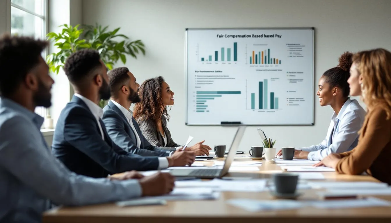 In der Darstellung der leistungsgerechten Vergütung sind verschiedene Aspekte der Bezahlung von Mitarbeitenden zu sehen, die auf deren Arbeitsleistung basieren. Diese Form der Entlohnung fördert die Motivation und Zielverwirklichung in der Arbeitswelt, indem sie die Leistungen der Arbeitnehmer in den Vordergrund stellt.