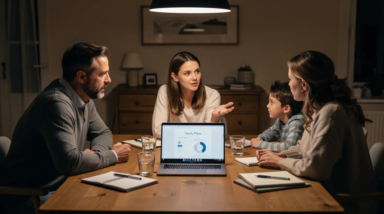 A family is gathered around a dining table engaged in a discussion, with a laptop open in front of them, suggesting they might be reviewing financial options such as 免 入 息 貸款 or discussing their 獲批結果. The atmosphere appears warm and collaborative as they share ideas.