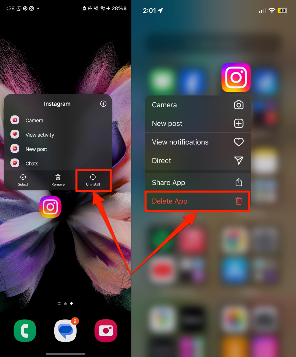 Steps to uninstall Instagram in Android and iOS