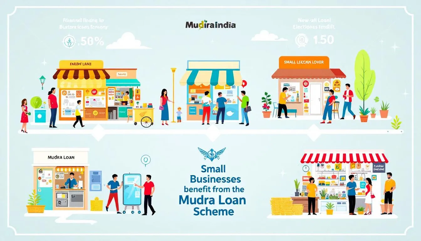 A visual representation of the Mudra Loan Scheme, showcasing various small businesses that benefit from it.