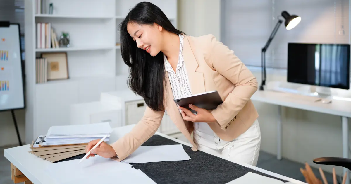 Woman reviewing tax forms and income records to calculate a home office deduction for her business.