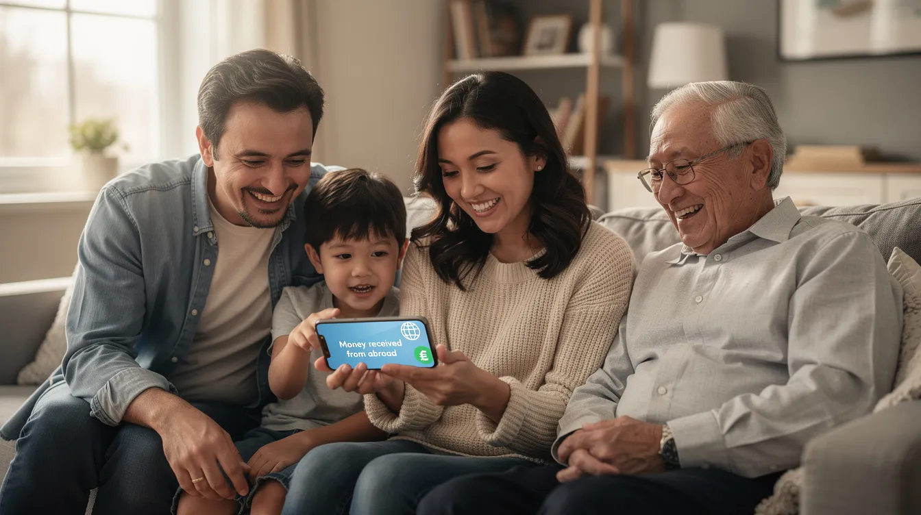 A joyful family is gathered around a smartphone, sharing a moment of excitement as they receive money from abroad, symbolizing the ease of international payments through money transfer services like Payoneer and Remitly. Their expressions reflect the relief and happiness that comes with receiving funds from overseas clients, highlighting the convenience of modern payment methods.