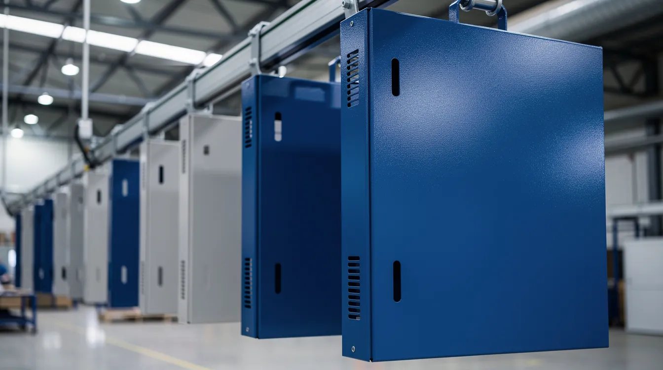 A row of freshly powder-coated sheet metal enclosures in blue and gray hangs on a conveyor line in a factory, showcasing the precision and aesthetic appeal of sheet metal fabrication. The enclosures, part of high volume production, reflect the advanced manufacturing processes used in the sheet metal manufacturing industry.