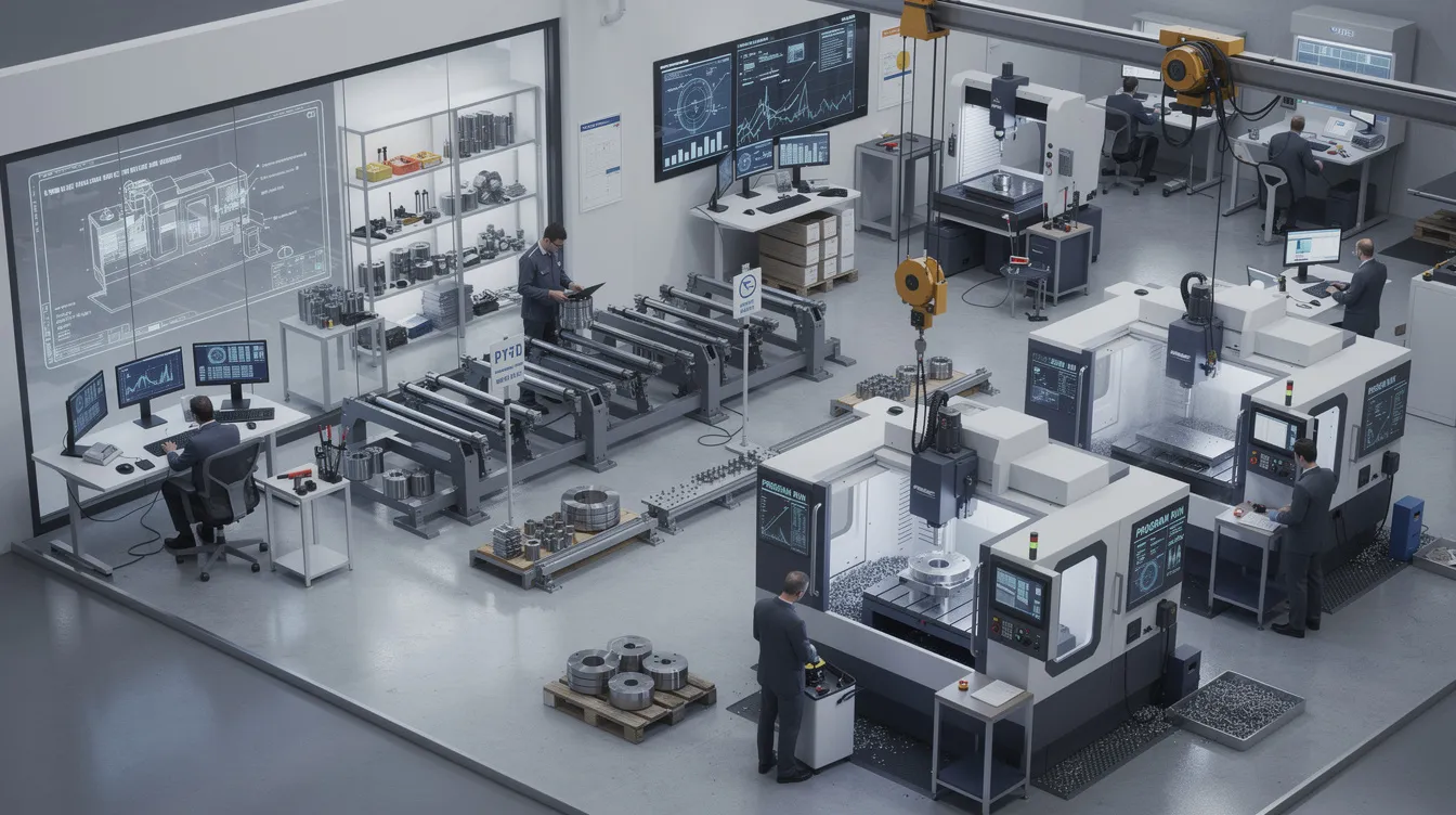 The image depicts the manufacturing process of CNC machines, showcasing various types such as CNC lathes and CNC milling machines in a modern factory setting. It highlights advanced CNC technology and machine tools used for precision manufacturing, emphasizing the role of computer-aided design and manufacturing in creating complex geometries for various industries.