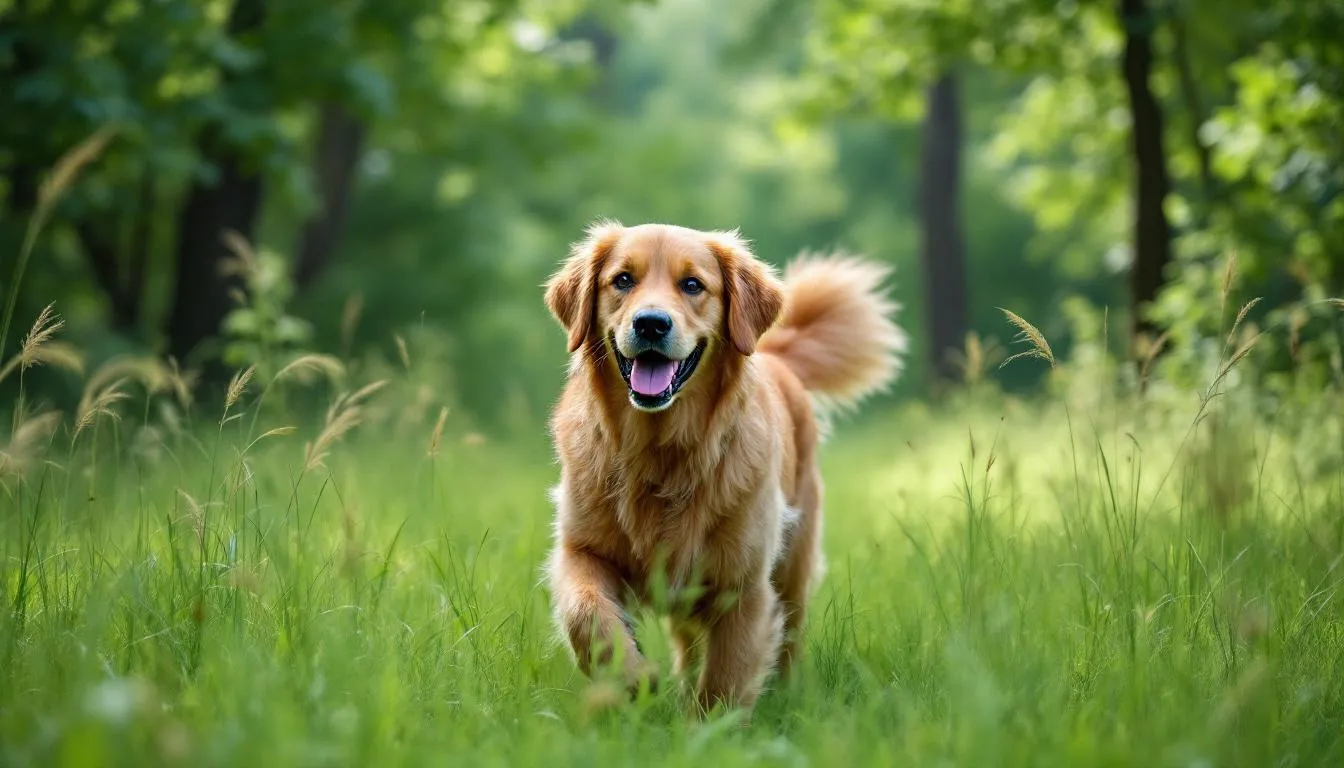 A dog is walking through tall grass in a wooded area, where ticks are commonly found, highlighting the potential risk of tick bites that can lead to Lyme disease in dogs. This scene emphasizes the importance of tick control to prevent Lyme disease and other tick-borne diseases.