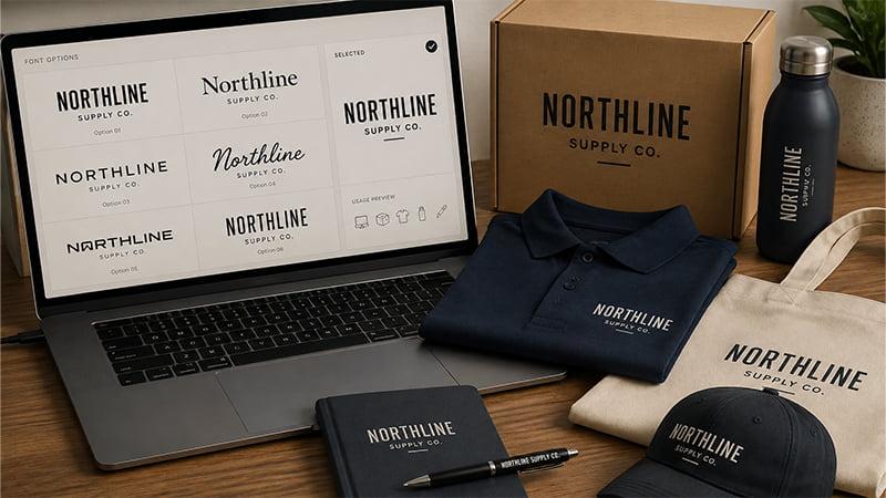 Custom logo font design process showing different typography options and brand identity applications