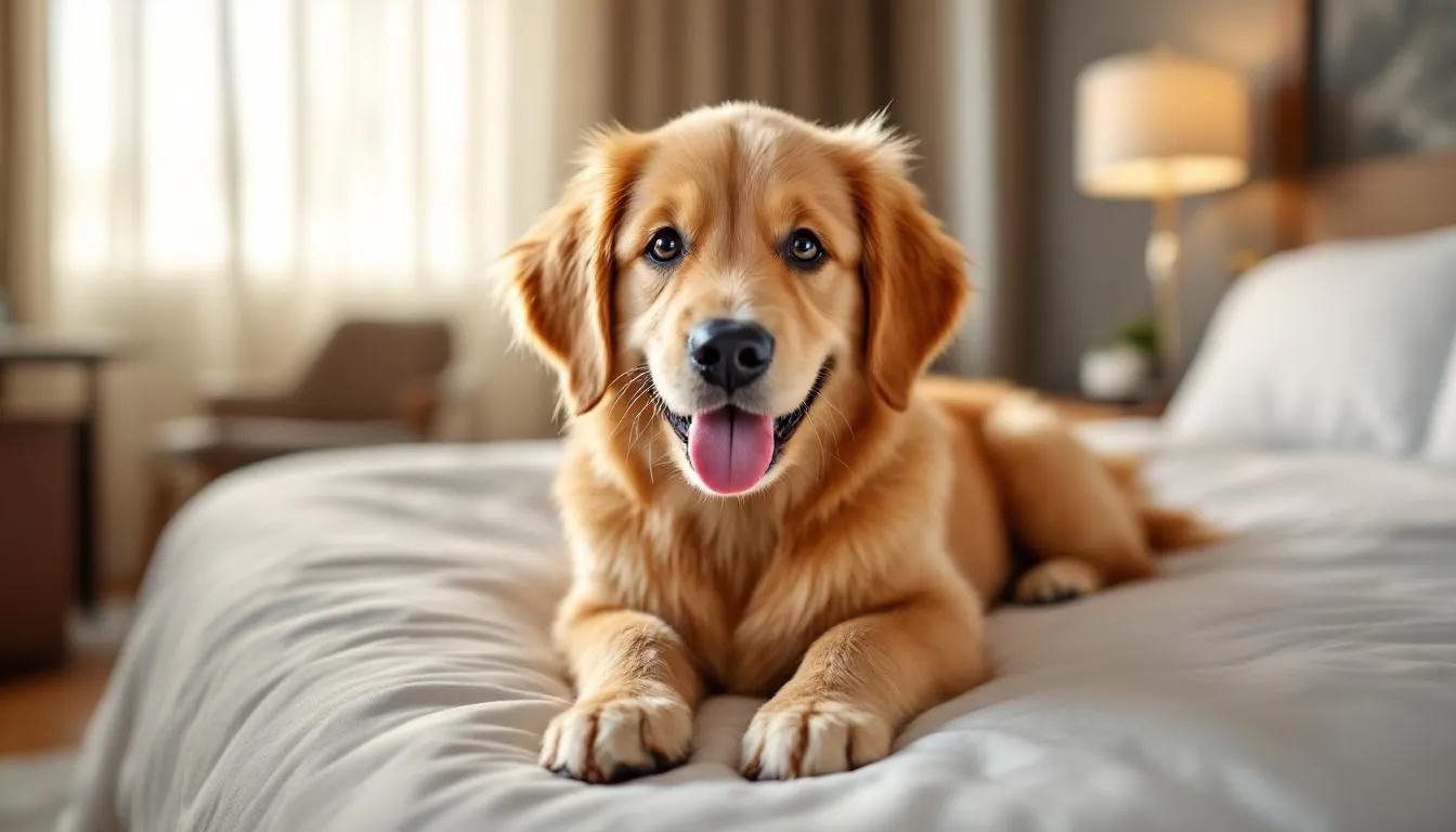 A friendly pet dog is comfortably nestled on a hotel bed, showcasing the warm and inviting atmosphere of a boutique hotel in downtown Lexington, Kentucky. The scene emphasizes the modern conveniences and excellent qualities of accommodations that are conveniently located near Lexington's attractions.