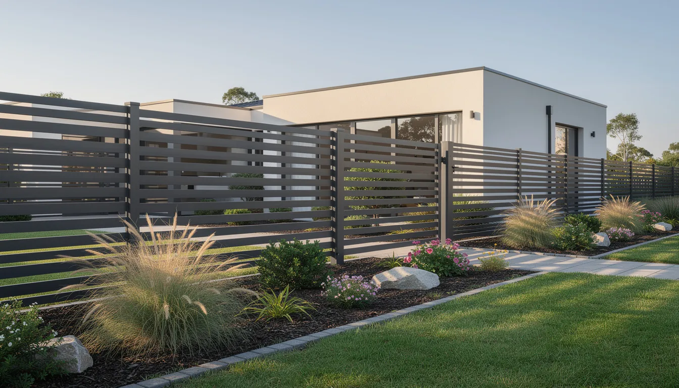 A modern aluminium blade fence is installed along the boundary of a residential property, complementing a beautifully landscaped garden. This stylish fencing solution enhances the property's security while adding to its curb appeal.