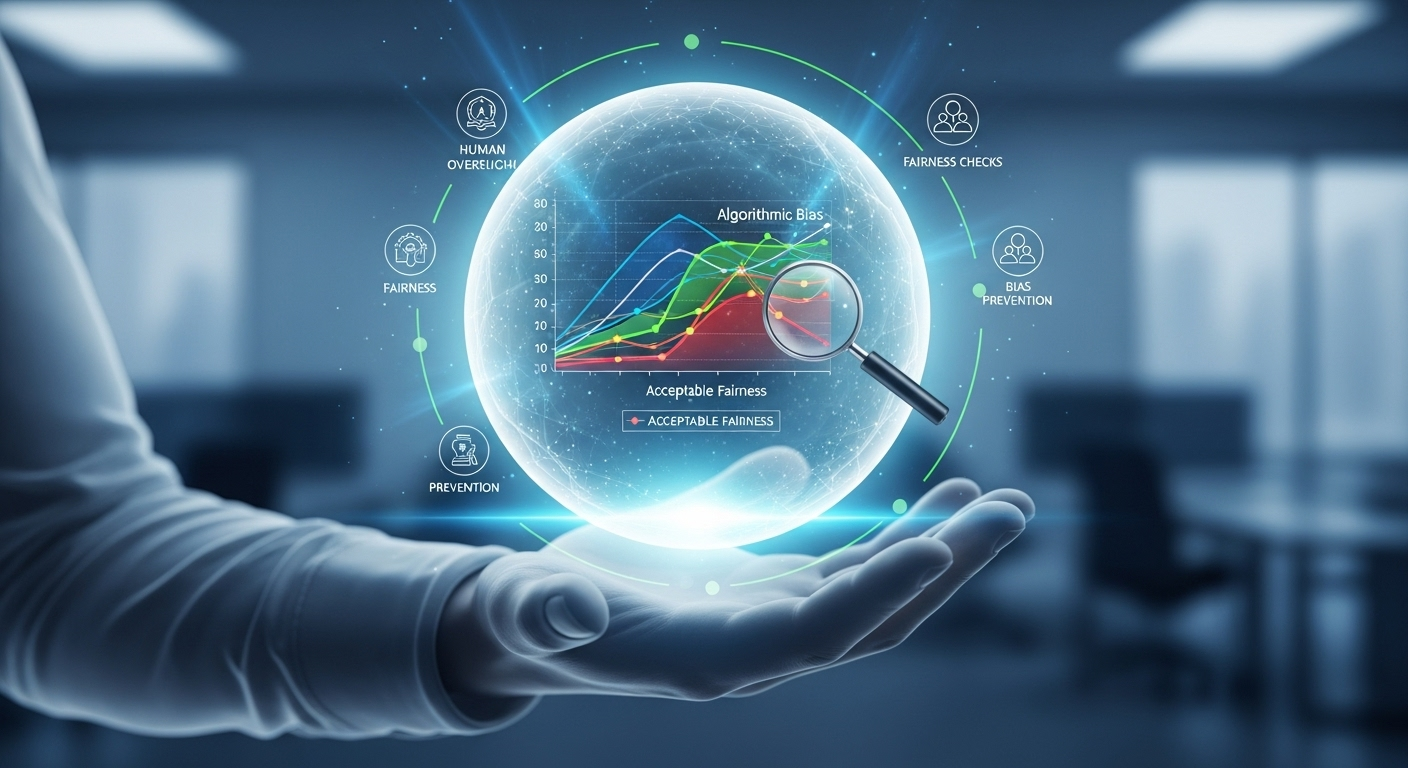 Ethical AI grading illustration showing fairness checks and human oversight to prevent algorithmic bias.