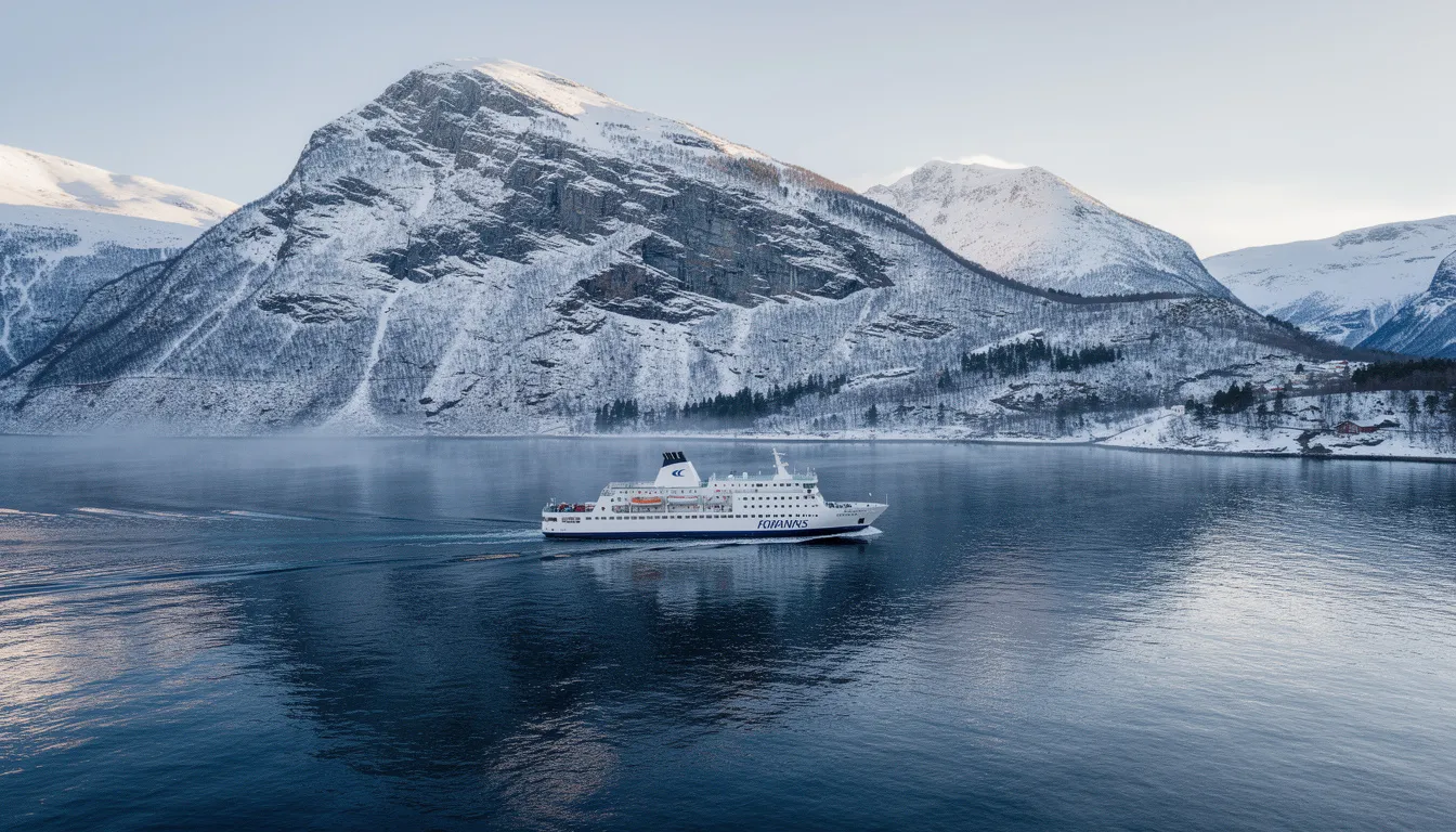 Un ferry navigue à travers un fjord, entouré de majestueuses montagnes enneigées en arrière-plan, illustrant la beauté naturelle de la Nouvelle-Zélande. Ce paysage spectaculaire évoque l'idée d'un road trip inoubliable à travers les parcs nationaux, tels que le parc national de Fiordland.
