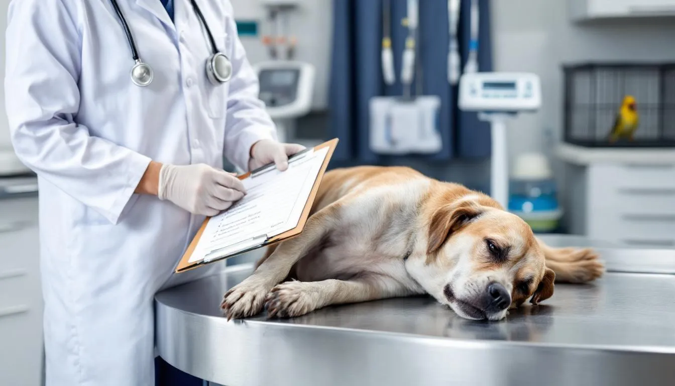 A veterinarian is examining a sick dog, taking notes on its symptoms to assess the dog