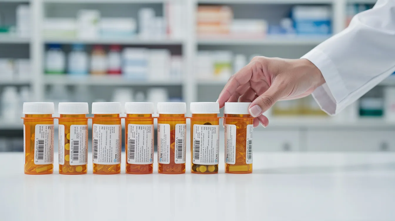 The image shows a row of prescription medication bottles on a pharmacy counter, with a pharmacist's hand reaching for one, highlighting the importance of safe medication practices to prevent medication errors. Such pharmacy errors can lead to devastating consequences for patients, emphasizing the need for healthcare professionals to adhere to applicable medical standards.