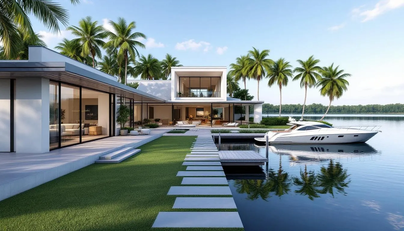 This image depicts a luxury waterfront estate in Goodland, featuring a beautifully remodeled property with tall ceilings and ample natural light. The estate offers direct access to the water, showcasing stunning views and a dock, making it an ideal investment opportunity for buyers looking for homes for sale in Goodland, FL.