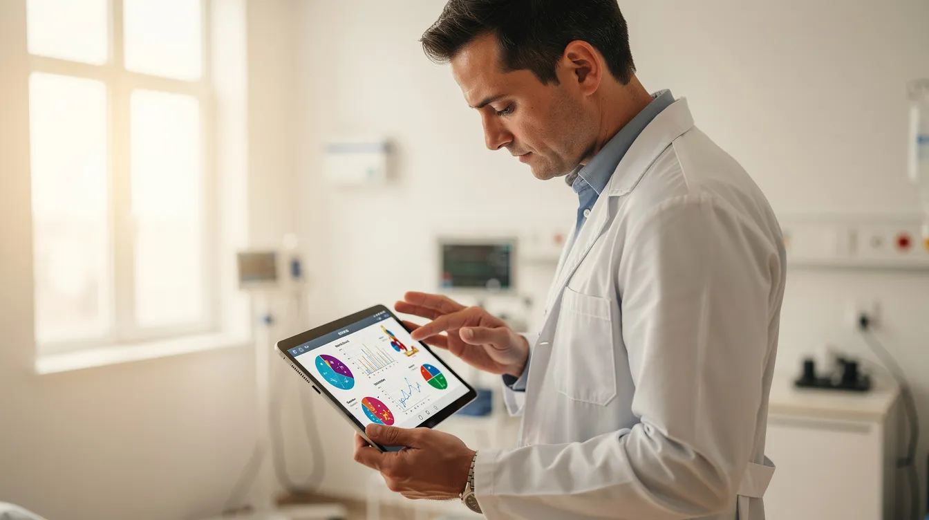 12022f75 22d7 42ce 8c2b 2e23f9fed7d3 A doctor is seen examining patient data on a modern tablet device within a bright clinical setting, highlighting the integration of medical technology in patient care. This scene reflects the evolving healthcare industry, where healthcare providers utilize digital tools for efficient management of medical records and patient data.