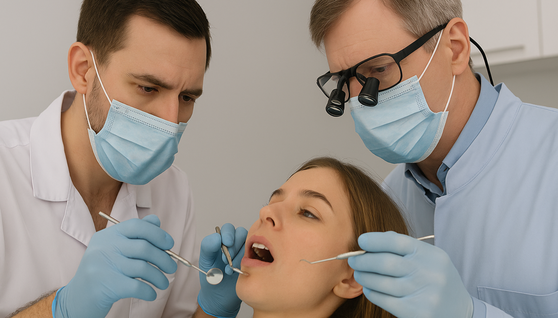 Tannspesialist på Eiksmarka – Når trenger du én? 20 To tannleger undersøker en kvinnelig pasient, hvorav den ene bruker spesialbriller som viser spesialisert kompetanse.