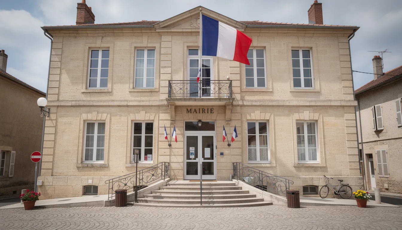 L'image montre la façade d'une mairie française ornée du drapeau tricolore, symbole de la République.