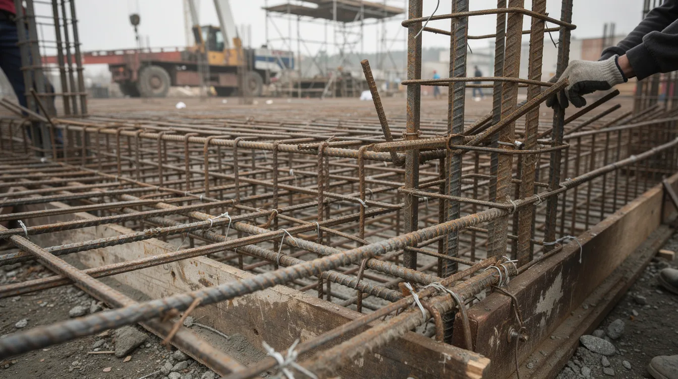 The image shows a close-up view of heavy industrial foundation work at a construction site, with steel reinforcement bars prominently visible, indicating preparation for grain storage silos. This foundation work is essential for supporting large capacity storage systems that efficiently handle grain, reducing post-harvest losses and ensuring long-term quality and service life.
