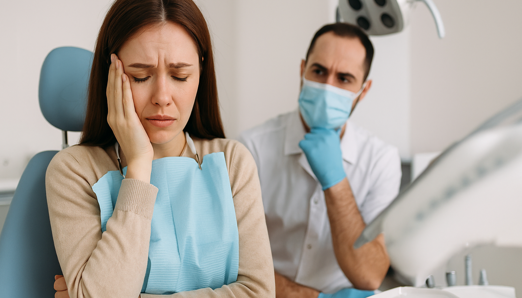 Achieve Your Perfect Smile with Digital Smile Design Technology 12 Woman experiences dental fear during consultation, sits uneasily in dental chair while dentist tries to calm her down.