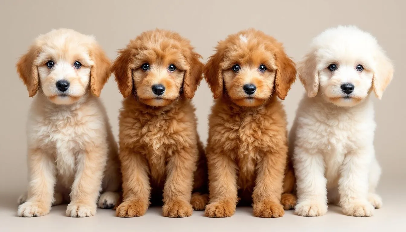 A comparison photo displays various generations of goldendoodle puppies, showcasing their different coat textures, including wavy and curly fur. The image highlights these adorable family pets, emphasizing the distinct characteristics of English and American goldendoodles as they play together.