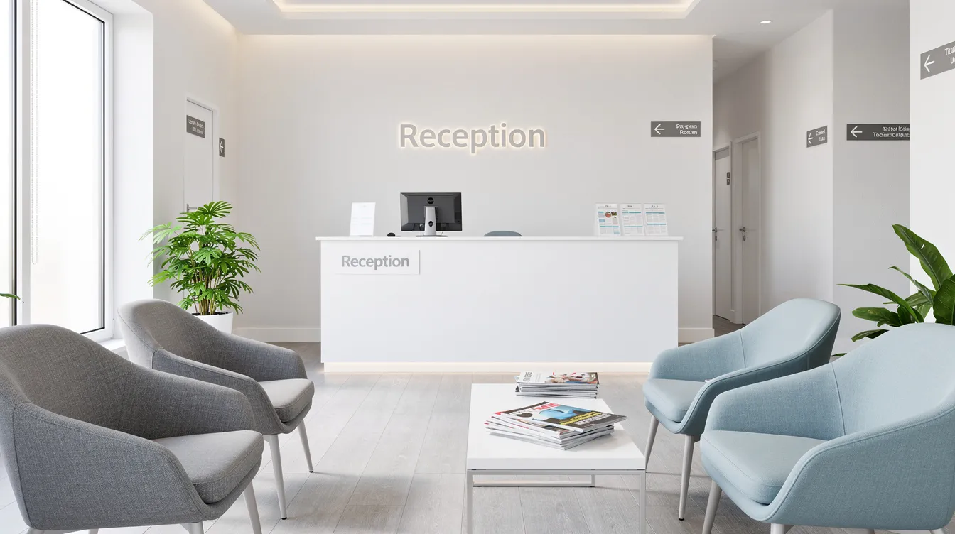 The image depicts a modern medical office reception area featuring clean white walls and comfortable seating, designed to create a welcoming environment for patients seeking plastic surgery services in Astoria, Queens. This space emphasizes patient safety and comfort, making it an ideal place for individuals considering procedures such as breast augmentation, tummy tuck, or liposuction.
