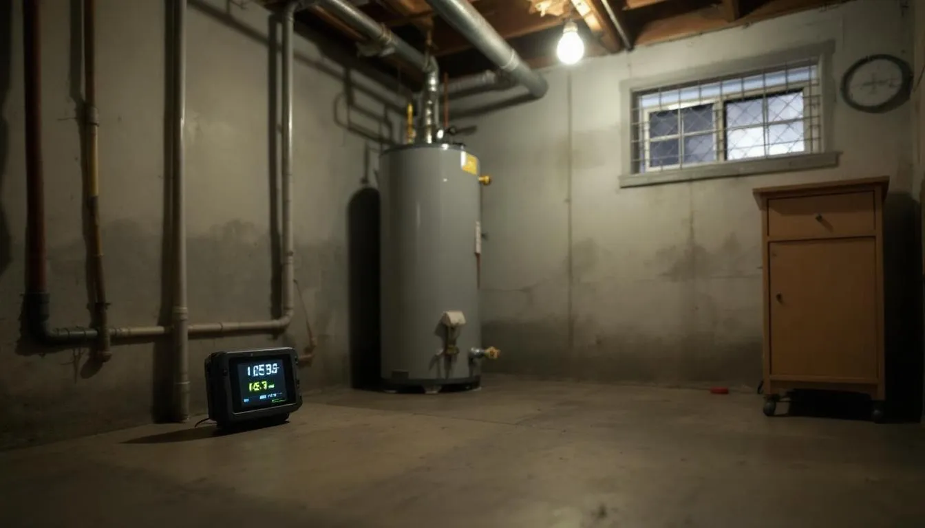 Un dosimètre passif est placé dans un sous-sol typique d'une maison québécoise, servant à mesurer la concentration de radon, un gaz potentiellement dangereux pour la santé, en particulier en ce qui concerne le risque de cancer du poumon. Ce dispositif est essentiel pour évaluer les niveaux de radon dans l'air et assurer la sécurité des habitants.