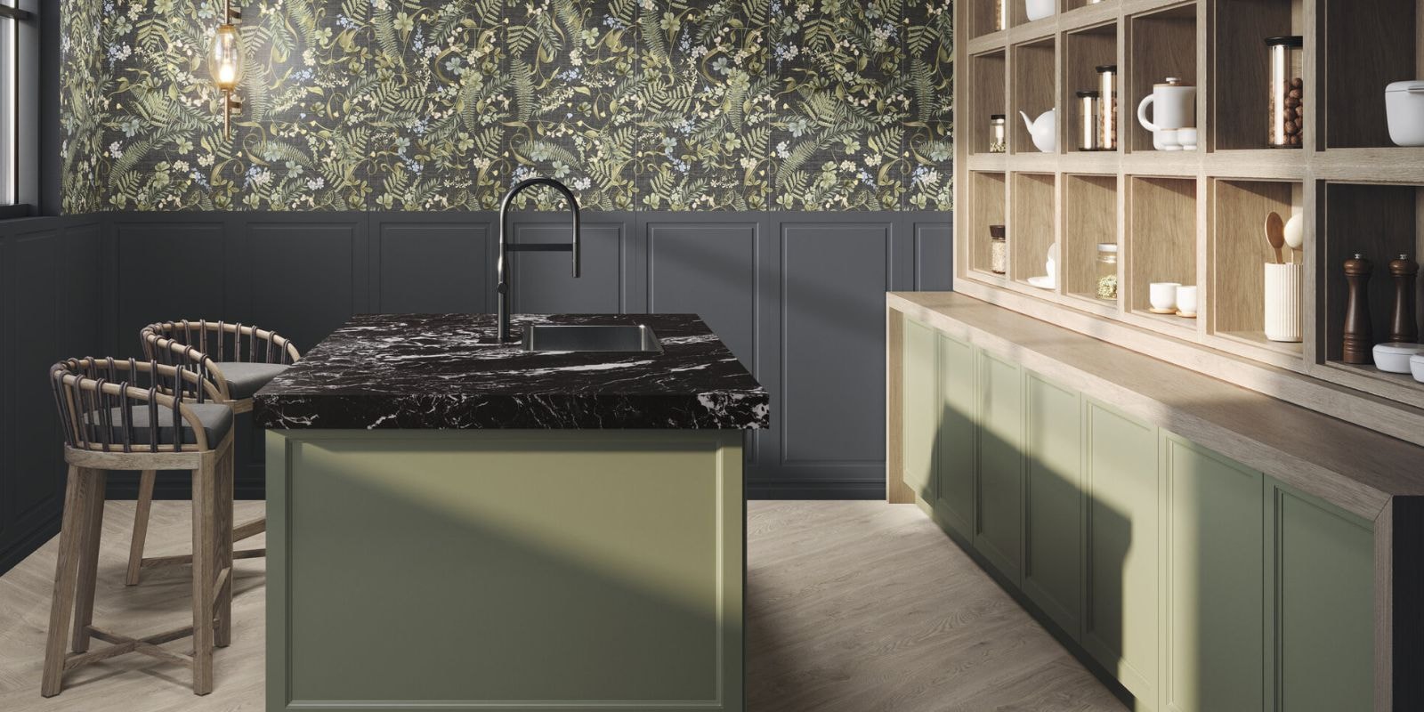 Green toned aesthetic kitchen with a black glossy island worktop