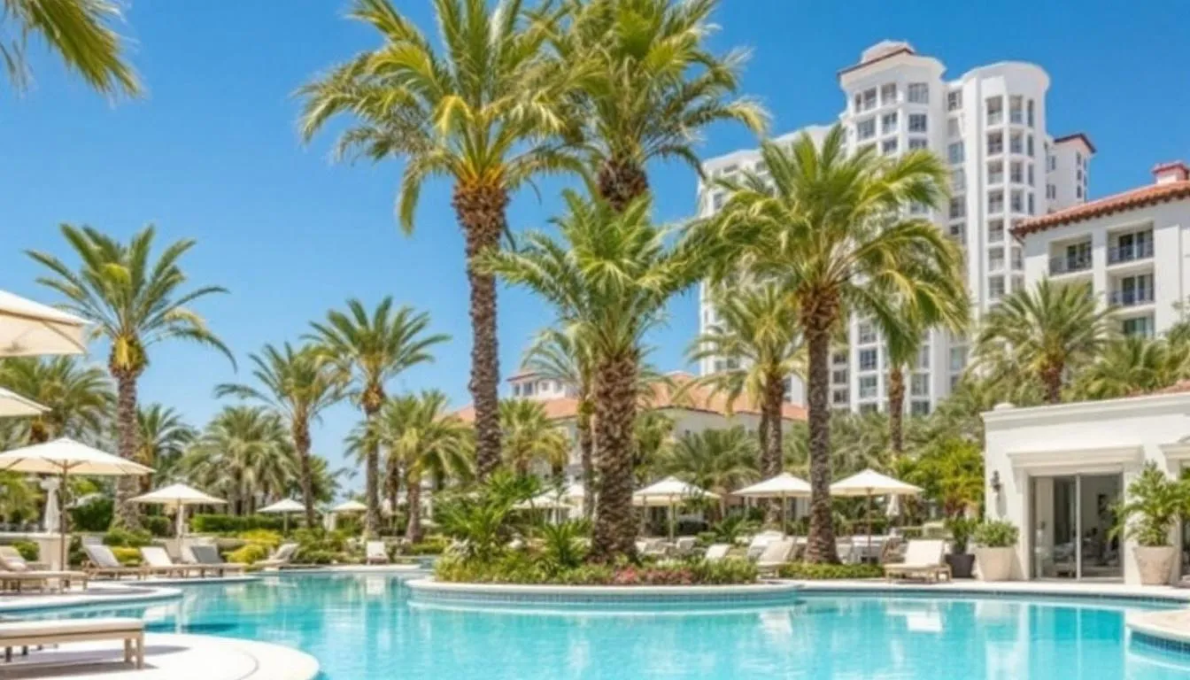 The image showcases a Mediterranean-style resort pool area surrounded by palm trees, with luxury tower residences in the background, embodying the essence of Hammock Bay Golf and Country Club real estate. This lush tropical paradise offers a stunning resort-style pool view, perfect for enjoying the exclusive lifestyle of the Hammock Bay community.