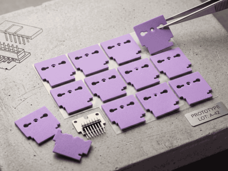 A close-up shot of a pair of tweezers picking up a purple thermal interface pad from an array of samples on a grey textured surface. An electronic connector and a metal tag labeled "PROTOTYPE LOT: A-42" are visible on the workbench.